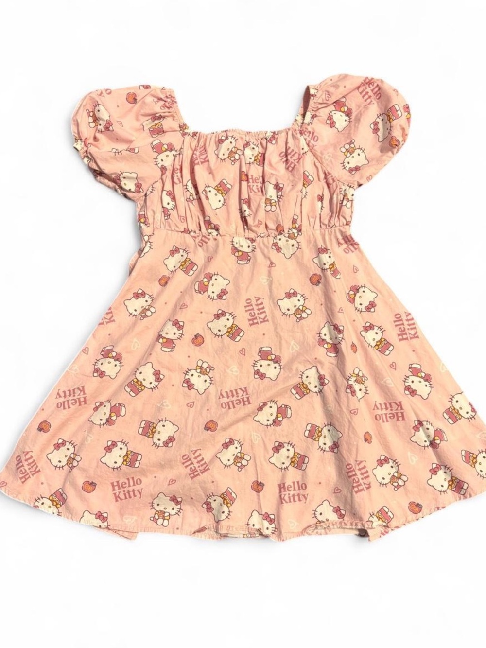 Hello Kitty Peach-Pink Puff Sleeve Casual Dress